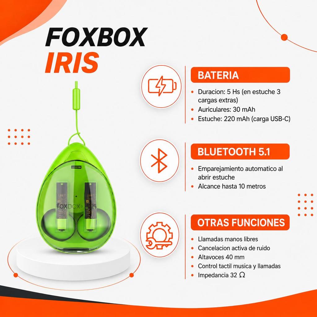 Auriculares Foxbox TWS-200 Boost Iris BT 5.1 Verde